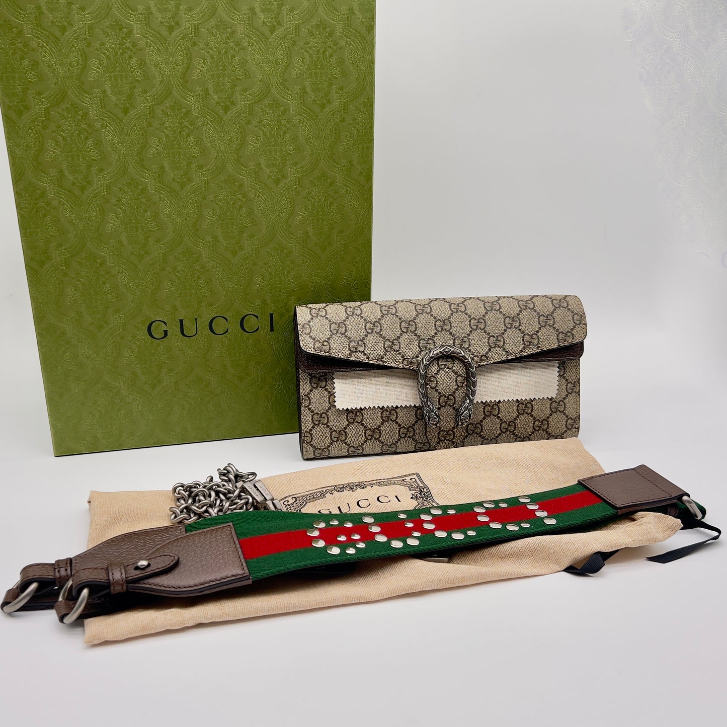 Gucci GG Supreme Dionysus Shoulder Bag with Sherryline Strap, Chain & Dust Bags