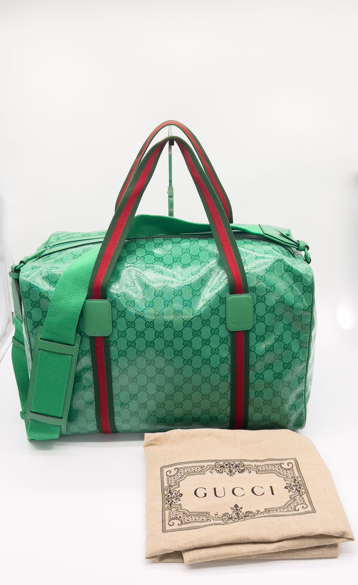 New Gucci GG Web Duffle Bag in Green GG Supreme Crystal Coated Canvas