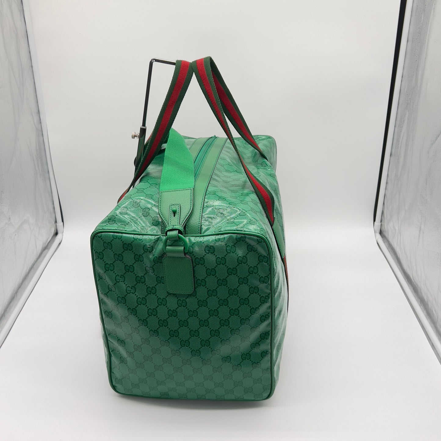 New Gucci GG Web Duffle Bag in Green GG Supreme Crystal Coated Canvas