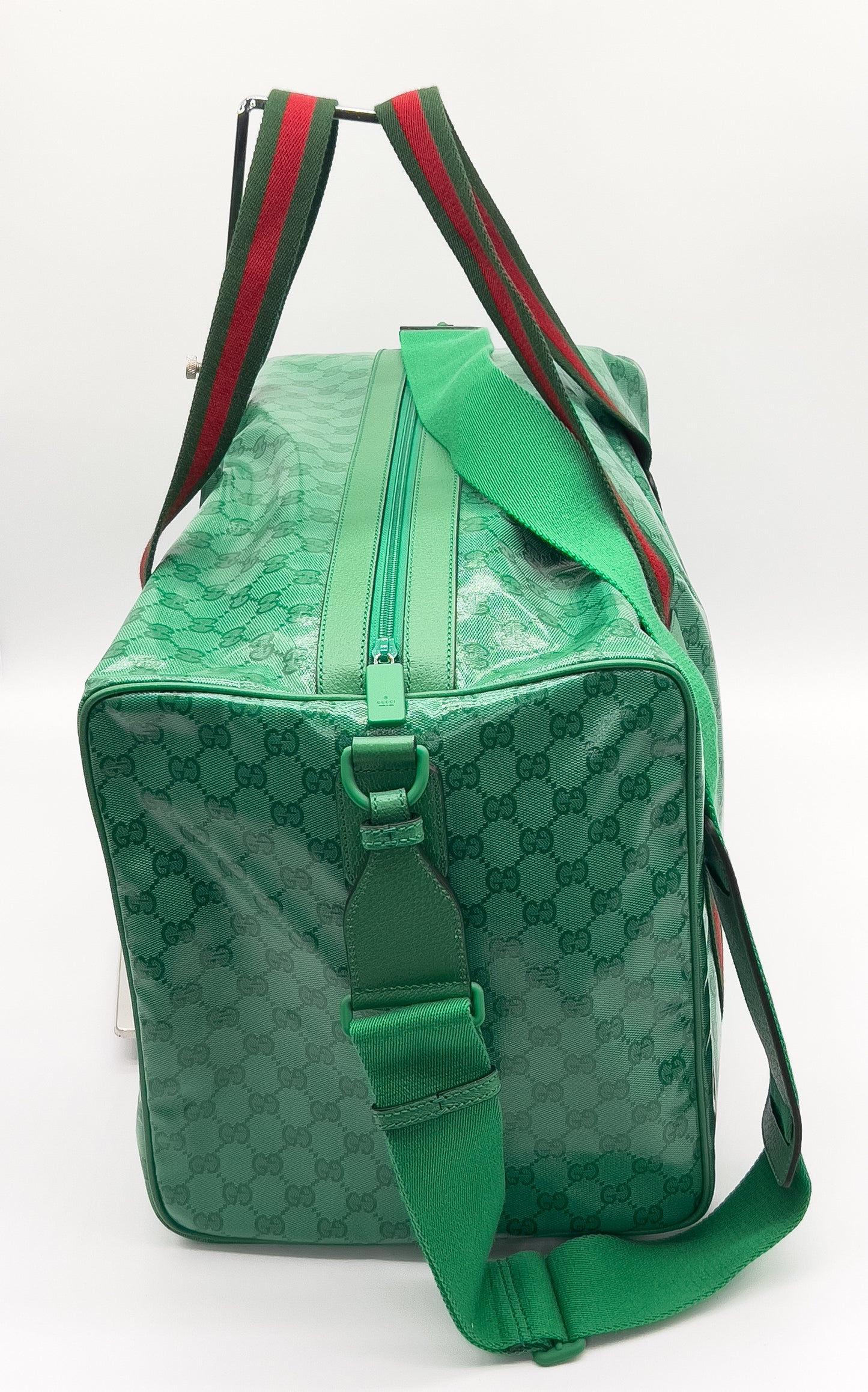 New Gucci GG Web Duffle Bag in Green GG Supreme Crystal Coated Canvas