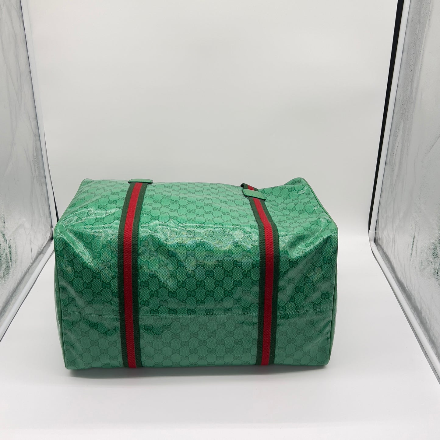 New Gucci GG Web Duffle Bag in Green GG Supreme Crystal Coated Canvas