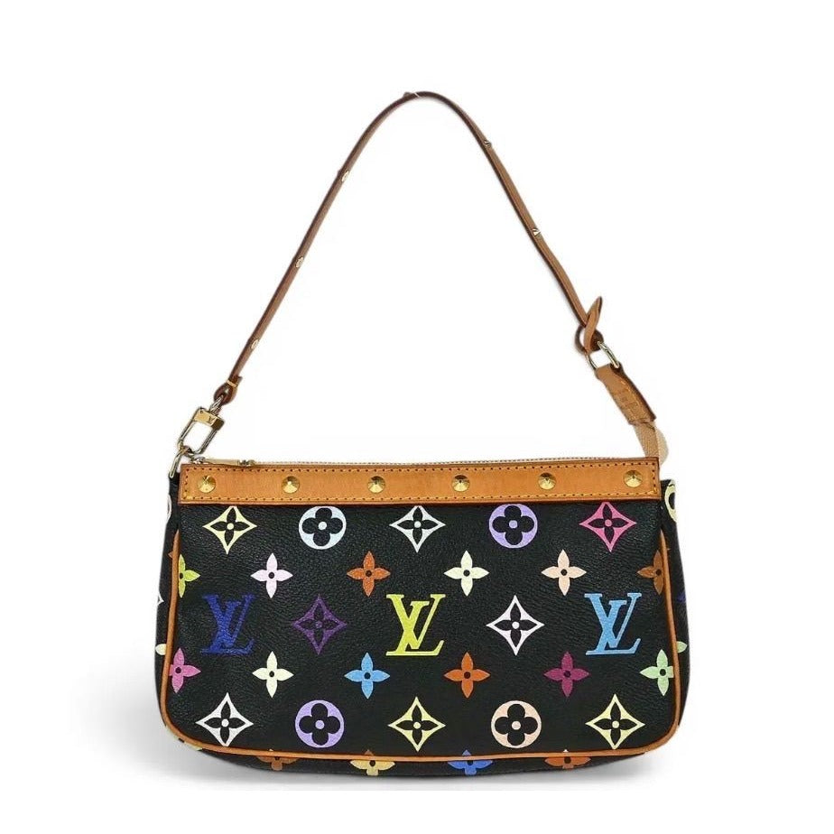 Louis Vuitton x Takashi Murakami Pochette Accessoires in black Monogram Multicolore canvas with vachetta strap, front view