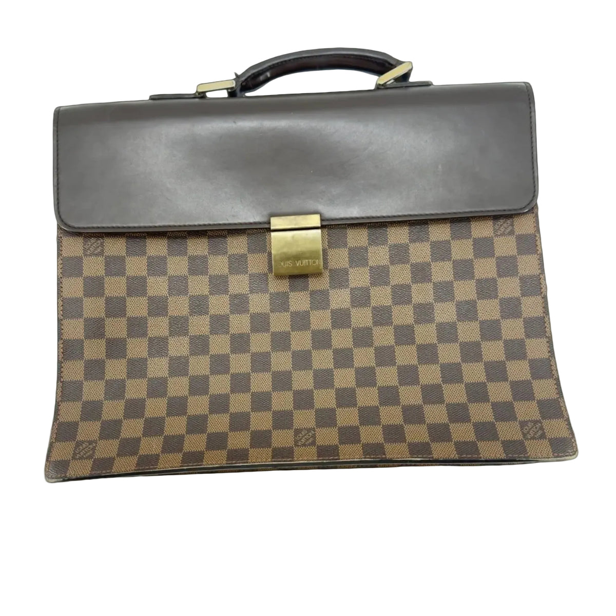 Front view of Louis Vuitton Damier Ebene Serviette Conseiller briefcase with brown leather flap trim and engraved brass front clasp