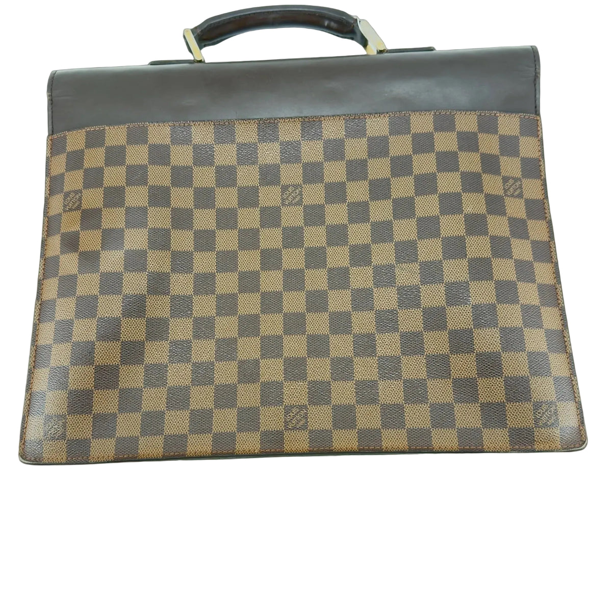 Back view of Damier Ebene Serviette Conseiller briefcase showing leather side trim and top handle