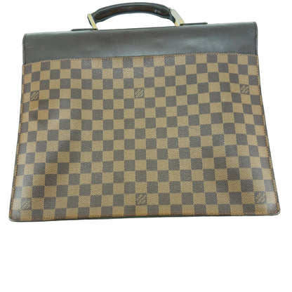 Back view of Damier Ebene Serviette Conseiller briefcase showing leather side trim and top handle
