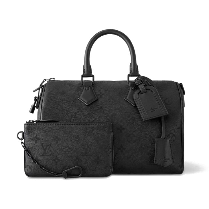 Front view of the black Louis Vuitton Speedy 30 P9 Bandouliere with matching zip pouch and luggage tag