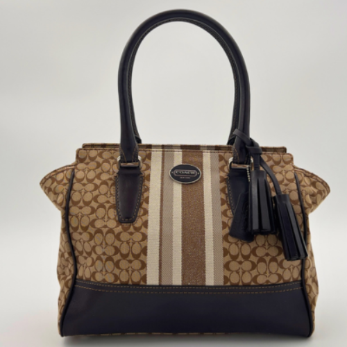 Coach 19916 Legacy Signature Stripe Medium Candace Tote - Pre-loved Khaki Fabric and Leather Bag