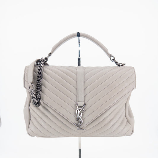 Saint Laurent Monogram Matelassé College Bag – Quilted Leather – Light Grey