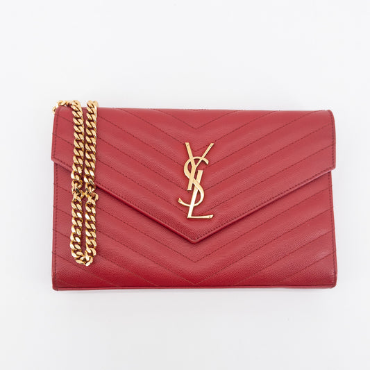 Saint Laurent Wallet on Chain – Grained Leather – Red