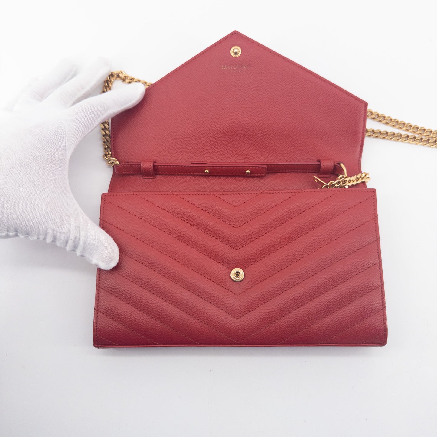 Saint Laurent Wallet on Chain – Grained Leather – Red