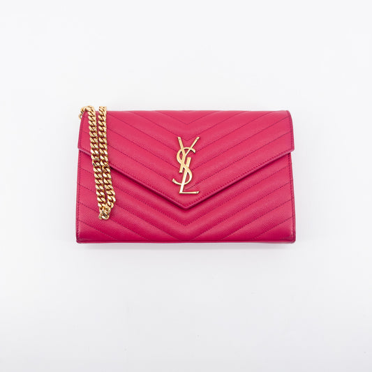 Saint Laurent Wallet on Chain – Grained Leather – Pink