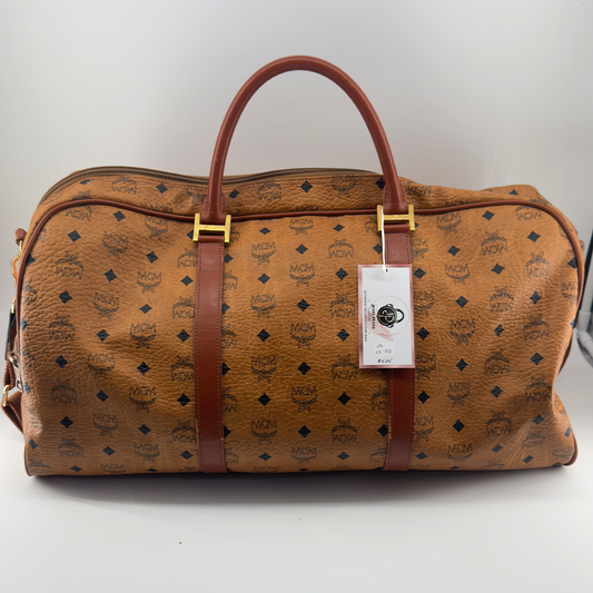 MCM Visetos Weekender Travel Bag Cognac Leather Boston Duffle